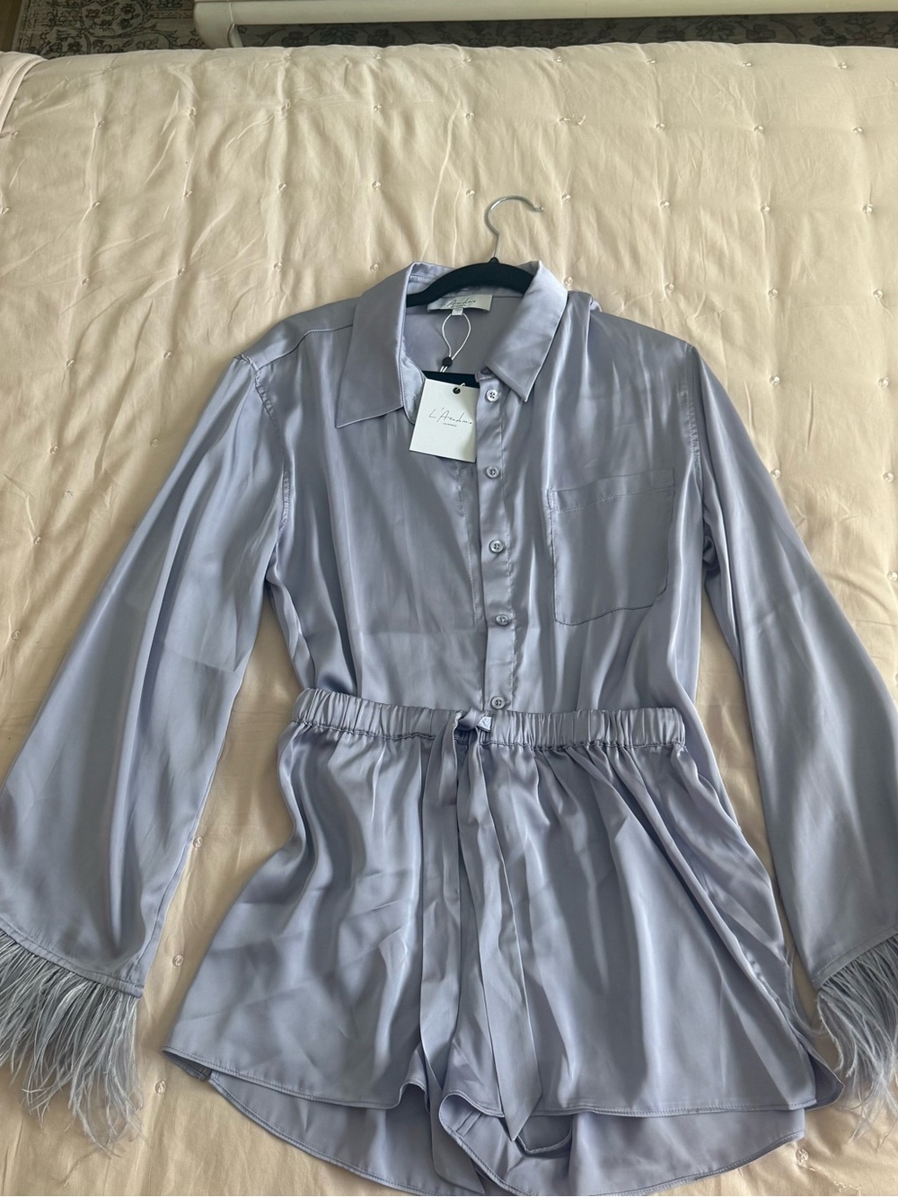 L’Academie Lavender Satin Blouse with Feather Cuffs and matching Shorts set
